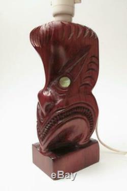 Vintage Maori Tiki Hand Carved Wooden Lamp Base Paua Shell New Zealand Bar