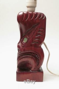 Vintage Maori Tiki Hand Carved Wooden Lamp Base Paua Shell New Zealand Bar