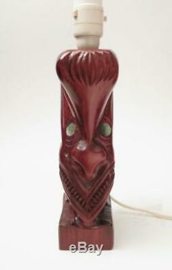 Vintage Maori Tiki Hand Carved Wooden Lamp Base Paua Shell New Zealand Bar