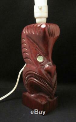 Vintage Maori Tiki Hand Carved Wooden Lamp Base Paua Shell New Zealand Bar