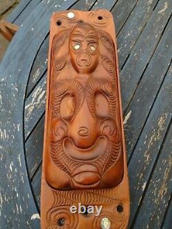 Vintage Maori Tiki Hand Carved Wooden Treasure Box New Zealand 1.3 kg Paua Shell