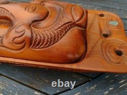 Vintage Maori Tiki Hand Carved Wooden Treasure Box New Zealand 1.3 kg Paua Shell