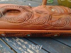 Vintage Maori Tiki Hand Carved Wooden Treasure Box New Zealand 1.3 kg Paua Shell