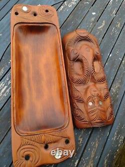 Vintage Maori Tiki Hand Carved Wooden Treasure Box New Zealand 1.3 kg Paua Shell