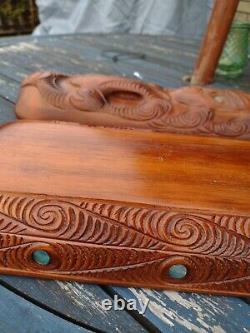 Vintage Maori Tiki Hand Carved Wooden Treasure Box New Zealand 1.3 kg Paua Shell
