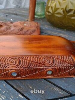 Vintage Maori Tiki Hand Carved Wooden Treasure Box New Zealand 1.3 kg Paua Shell