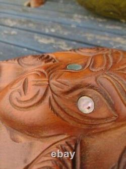 Vintage Maori Tiki Hand Carved Wooden Treasure Box New Zealand 1.3 kg Paua Shell