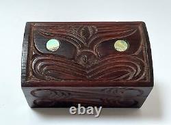 Vintage Maori Tiki Handcarved Wooden Feather Trinket Box New Zealand