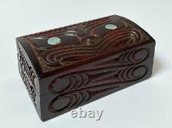 Vintage Maori Tiki Handcarved Wooden Feather Trinket Box New Zealand