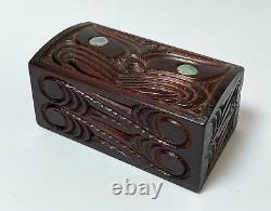 Vintage Maori Tiki Handcarved Wooden Feather Trinket Box New Zealand