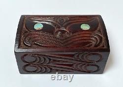 Vintage Maori Tiki Handcarved Wooden Feather Trinket Box New Zealand