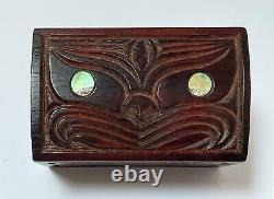 Vintage Maori Tiki Handcarved Wooden Feather Trinket Box New Zealand