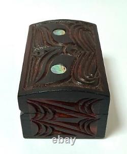 Vintage Maori Tiki Handcarved Wooden Feather Trinket Box New Zealand