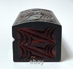 Vintage Maori Tiki Handcarved Wooden Feather Trinket Box New Zealand