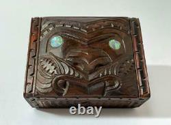 Vintage Maori Tiki Handcarved Wooden Feather Trinket Box New Zealand Tribal