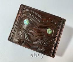 Vintage Maori Tiki Handcarved Wooden Feather Trinket Box New Zealand Tribal