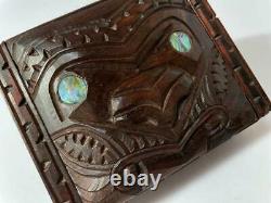 Vintage Maori Tiki Handcarved Wooden Feather Trinket Box New Zealand Tribal