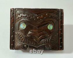 Vintage Maori Tiki Handcarved Wooden Feather Trinket Box New Zealand Tribal