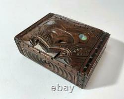 Vintage Maori Tiki Handcarved Wooden Feather Trinket Box New Zealand Tribal