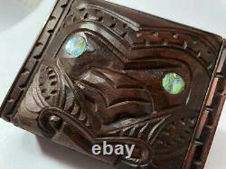 Vintage Maori Tiki Handcarved Wooden Feather Trinket Box New Zealand Tribal