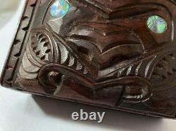 Vintage Maori Tiki Handcarved Wooden Feather Trinket Box New Zealand Tribal