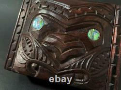 Vintage Maori Tiki Handcarved Wooden Feather Trinket Box New Zealand Tribal