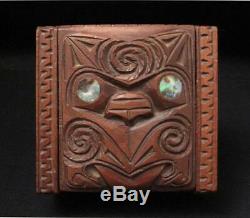 Vintage Maori Tiki Handcarved Wooden Feather Trinket Box New Zealand Tribal #1