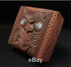 Vintage Maori Tiki Handcarved Wooden Feather Trinket Box New Zealand Tribal #1