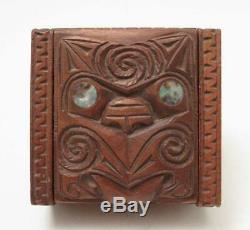 Vintage Maori Tiki Handcarved Wooden Feather Trinket Box New Zealand Tribal #1