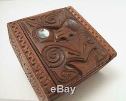 Vintage Maori Tiki Handcarved Wooden Feather Trinket Box New Zealand Tribal #1