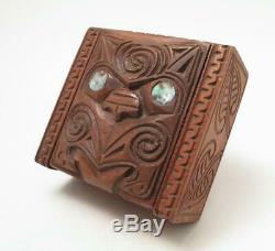 Vintage Maori Tiki Handcarved Wooden Feather Trinket Box New Zealand Tribal #1