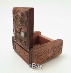 Vintage Maori Tiki Handcarved Wooden Feather Trinket Box New Zealand Tribal #1