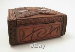 Vintage Maori Tiki Handcarved Wooden Feather Trinket Box New Zealand Tribal #1