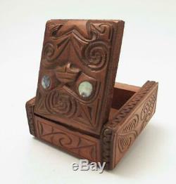 Vintage Maori Tiki Handcarved Wooden Feather Trinket Box New Zealand Tribal #1