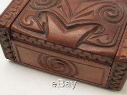 Vintage Maori Tiki Handcarved Wooden Feather Trinket Box New Zealand Tribal #1