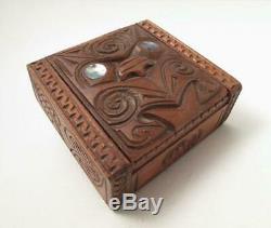 Vintage Maori Tiki Handcarved Wooden Feather Trinket Box New Zealand Tribal #1