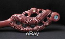 Vintage Maori Tiki Handcarved Wooden Maripi Patu New Zealand Tribal Paua Shell