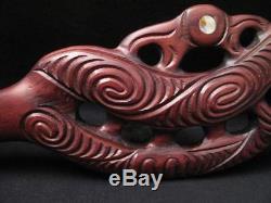 Vintage Maori Tiki Handcarved Wooden Maripi Patu New Zealand Tribal Paua Shell
