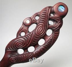 Vintage Maori Tiki Handcarved Wooden Maripi Patu New Zealand Tribal Paua Shell