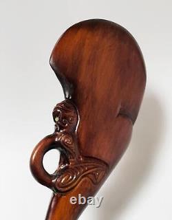 Vintage Maori Tiki Handcarved Wooden Patu War Club New Zealand Tribal Paua Shell