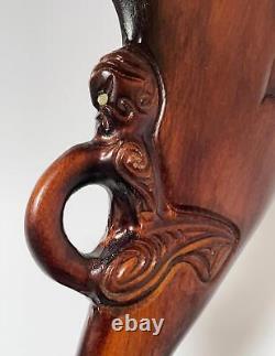 Vintage Maori Tiki Handcarved Wooden Patu War Club New Zealand Tribal Paua Shell