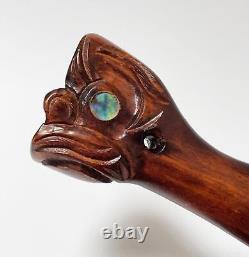 Vintage Maori Tiki Handcarved Wooden Patu War Club New Zealand Tribal Paua Shell