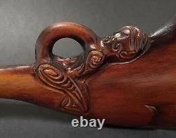 Vintage Maori Tiki Handcarved Wooden Patu War Club New Zealand Tribal Paua Shell