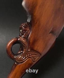 Vintage Maori Tiki Handcarved Wooden Patu War Club New Zealand Tribal Paua Shell