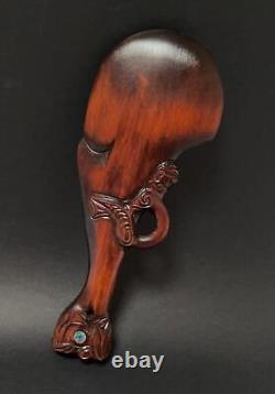 Vintage Maori Tiki Handcarved Wooden Patu War Club New Zealand Tribal Paua Shell