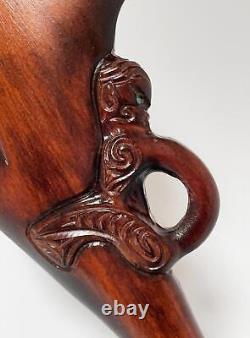 Vintage Maori Tiki Handcarved Wooden Patu War Club New Zealand Tribal Paua Shell