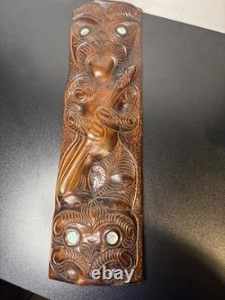 Vintage Maori Tiki Totem Figure Hand Carved Wood Wall Hanging New Zealand Tribal