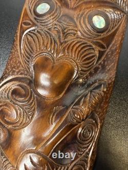 Vintage Maori Tiki Totem Figure Hand Carved Wood Wall Hanging New Zealand Tribal