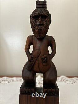 Vintage Maori Tribal Warrior Statue, New Zealand Ta Moka Face Hand Carved