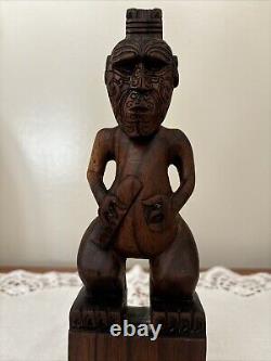 Vintage Maori Tribal Warrior Statue, New Zealand Ta Moka Face Hand Carved